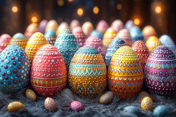 Row of painted eggs with different colors and designs. The eggs are arranged in a way that they look like they are sitting on a black surface. Scene is cheerful and colorful