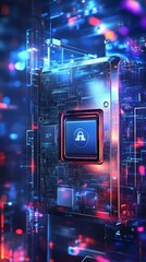 Wall Mural - futuristic lock icon in colorful digital environment with circuitry