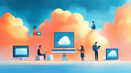 Wall Mural - cloud service concept in flat style with hands using desktop computer, smartphone and tablet pc, con