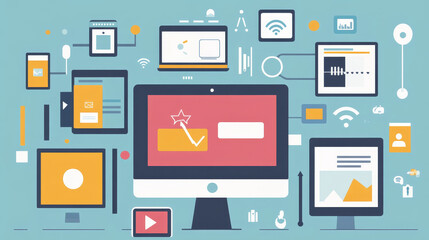 Wall Mural - cloud service concept in flat style with hands using desktop computer, smartphone and tablet pc, con