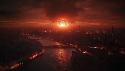 at night, a city faces a devastating nuclear explosion, observed from a high angle, with its buildin