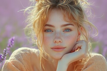 Wall Mural - Young woman enjoys a serene moment among blooming lavender flowers in bright sunlight on a summer afternoon