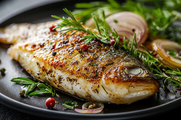 Wall Mural - Pan-seared fish fillet with herbs and spices, garnished with fresh rosemary and sliced onions, showcasing a flavorful and aromatic seafood dish ready to be served.