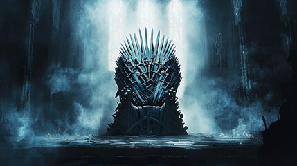medieval iron throne forged from weapons—swords, daggers, spears, and blades. a mysterious, low-key 