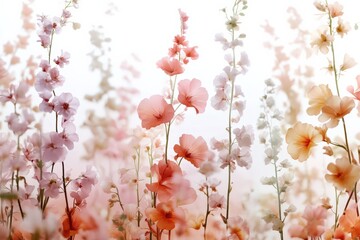 Wall Mural - Delicate hollyhock flowers in full bloom, featuring soft pastel colors with a dreamy blurred background, evoking a sense of natural beauty, tranquility, and botanical elegance concept