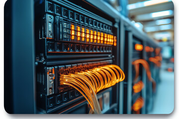 High tech server room with illuminated fiber optic cables and data storage. vibrant orange lights create dynamic atmosphere, showcasing advanced telecommunication technology