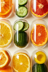 Canvas Print - Fresh fruit and vegetable slices including orange, cucumber, and zucchini in transparent packaging, representing modern food storage, freshness, and vibrant ingredients.