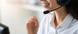 © FATNA - Hispanic woman call center service support in headset. Female customer support or sales agent.