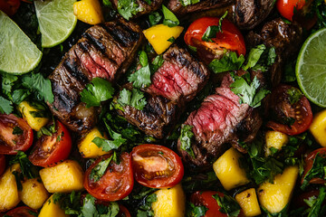 Wall Mural - Grilled beef steak slices garnished with fresh cilantro, served with vibrant tomatoes and mango, garnished with lime wedges, representing a healthy and flavorful meal.