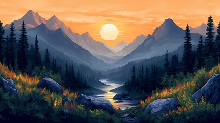 Wall Mural - Sunset Mountain River Valley Landscape Panorama