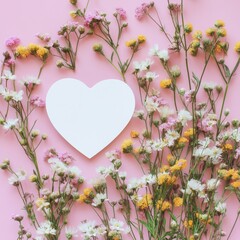 Wall Mural - The concept of love or Women's Day is illustrated on a heart-shaped paper note adorned with wildflowers in soft spring tones