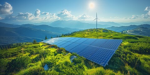 Solar panels and a wind turbine on green mountain landscape, harnessing renewable energy under a sun and clear blue sky