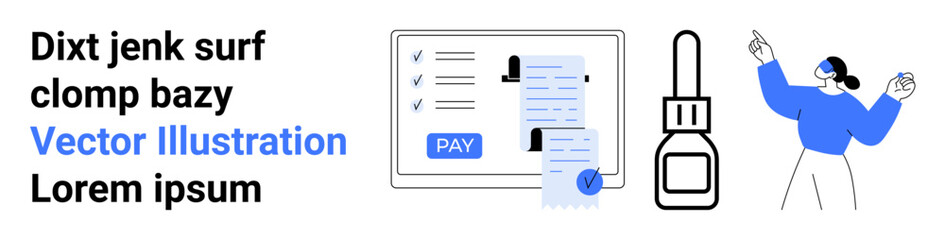 Wall Mural - Checklist with completion marks, receipt, pay button, dropper tool, and gesturing person. Ideal for finance, technology, e-commerce health education workflow and achievement concepts. Abstract