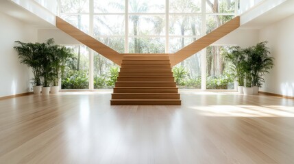 Wall Mural - This image showcases a stylish wooden staircase framed by large glass windows, accented by lush greenery, creating an inviting and airy atmosphere in a modern space.