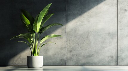 A vibrant green plant stands elegantly beside a textured gray wall, capturing the beauty of natural elements mingling with minimalist design and gentle lighting.