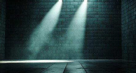 Wall Mural - empty foggy street with a dark blue background, featuring wet asphalt under the glow of a searchligh