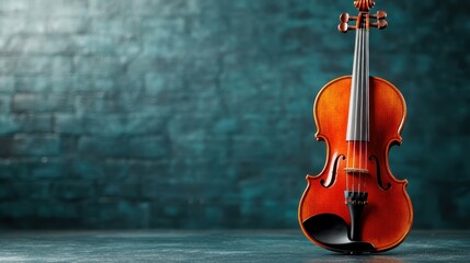 Wall Mural - This image features a beautifully crafted violin, showcasing its rich wood grain and curves, set against a softly illuminated backdrop, creating an artistic ambiance.