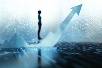 Wall Mural - person standing against a background of upward trends and digital data visualization