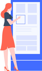 Wall Mural - businesswoman pointing her finger at large interactive touchscreen presenting data and statistics, c