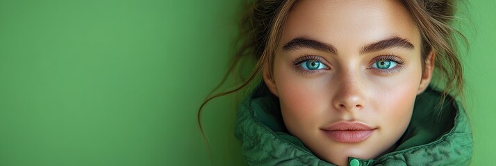 Wall Mural - Close up of a young woman with striking blue eyes and natural beauty against a green background