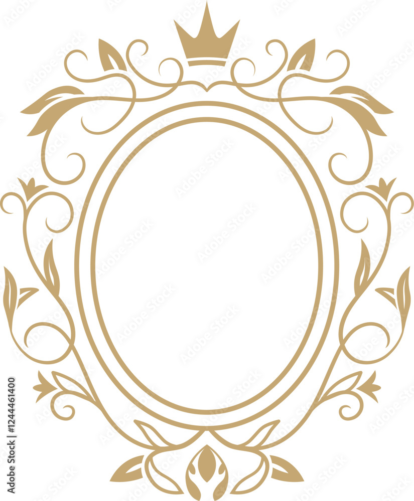 Oval frame featuring golden floral ornaments and a crown, creating a ...