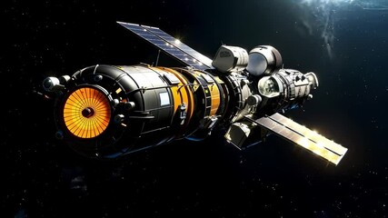 A space station in the dark with a black background