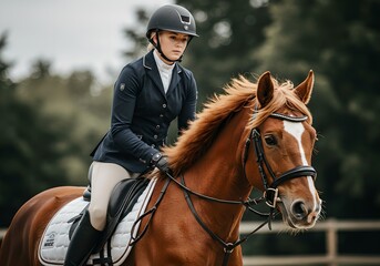 Young woman equestrian in professional riding outfit on chestnut horse during dressage training. Female rider wearing black jacket and helmet at competitive equine sport event in outdoor arena