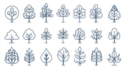 Forest tree and plant outline icons. Isolated garden and park trees thin line pictogram set, ecology and environment plants vector symbols, nature flora and botany minimal signs, trees thin line icons
