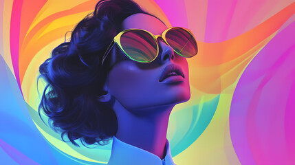 Poster - A beautiful high fashion lady with cool sunglasses in front of a crazy multicolored abstract background, generative ai. Fashion & Costume Design. Illustration