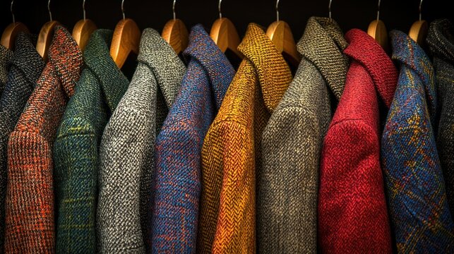 Colorful tweed jackets hanging boutique dark background