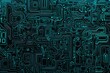 © Abstract - Abstract close-up of a glowing blue digital circuit board, showcasing intricate connections and technological design on a black background.