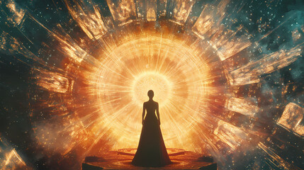 Wall Mural - Divine feminine archetype radiating sacred geometry cosmic background ethereal glow spiritual symbolism. Sacred Spaces & Temples. Illustration