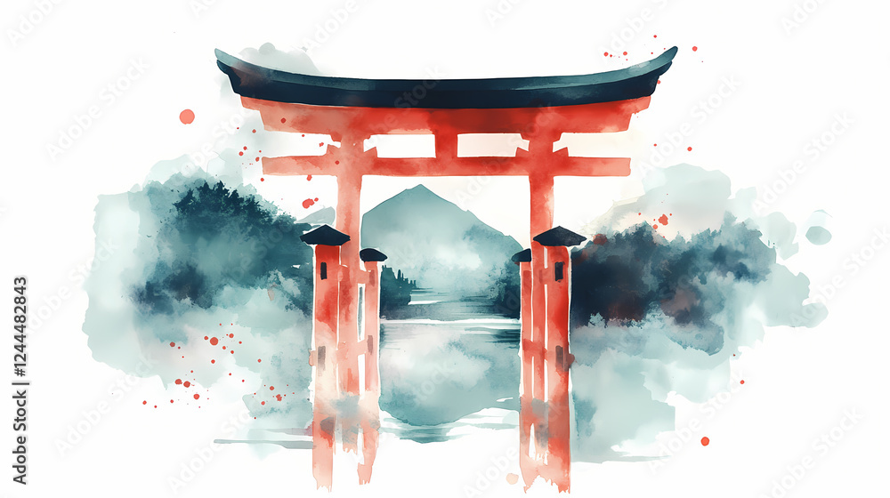 Watercolor illustration of a traditional japanese torii gate ...