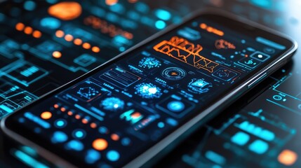 A smartphone displaying futuristic data analytics and digital interfaces.