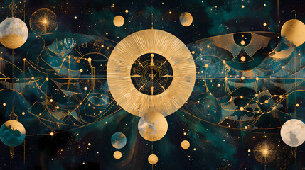 Wall Mural - A cosmic background with marbled inlays and gold foil, featuring a heavenly motif with stars, planets, and sacred geometry. galaxy wallpaper. Sacred Spaces & Temples. Illustration