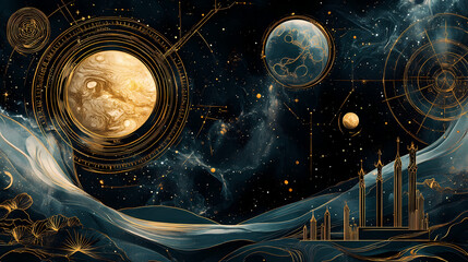 Wall Mural - A cosmic background with marbled inlays and gold foil, featuring a heavenly motif with stars, planets, and sacred geometry. galaxy wallpaper. Sacred Spaces & Temples. Illustration
