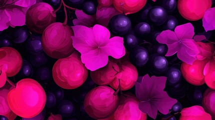 Wall Mural -   A high-resolution image of closely packed red and purple grapes against a dark background, showcasing their leaves and vivid colors