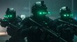 © dreamdes - Special forces tactical unit wearing night vision equipment during dark operation. Military squad in combat gear with glowing green goggles. Modern warfare and security concept.