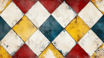 Vintage harlequin diamond pattern. Ceramic grunge textured old tile background. Abstract geometric pattern from white, blue, red and yellow tiles