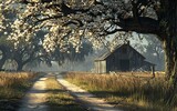 Rustic barn on a country road with blooming tree.