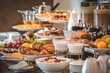 © hobonski - Breakfast Buffet at Hotel. A lavish breakfast buffet featuring pastries, fruits, yogurt, and coffee. Perfect for illustrating hotel stays, travel, or culinary experiences.