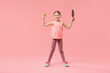 © New Africa - Cute little girl with ping pong racket and ball on pink background