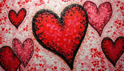 Wall Mural - abstract illustration for Valentine's Day celebration, red hearts on colorful mosaic background, bright and cheerful