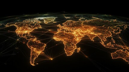 Global network connections, illuminated world map, data flow, digital background