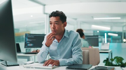 Poster - Programmer, thinking and man on computer for research, project and cybersecurity update in office. Typing, coding or developer with technology for web development, programming and building software