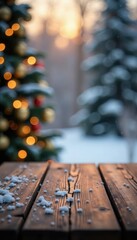 Wall Mural - Empty wooden tabletop, festive bokeh, snowy scene, surface, photo, photography