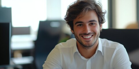 Wall Mural - A cheerful individual in an office environment, wearing a white shirt.