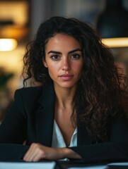 Wall Mural - A young, confident woman sitting at a desk, looking slightly to her right with a thoughtful expression. She has curly hair and is wearing a black blazer, suggesting a professional setting.