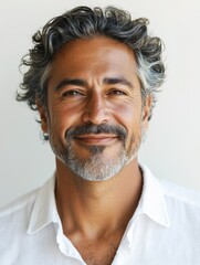 Wall Mural - A man with a beard and mustache, appearing cheerful and content, poses for a portrait. He has gray hair, a slight smile, and is dressed casually in a white shirt.