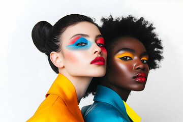 Wall Mural - Diverse High-Fashion Models with Bold Makeup on White Background